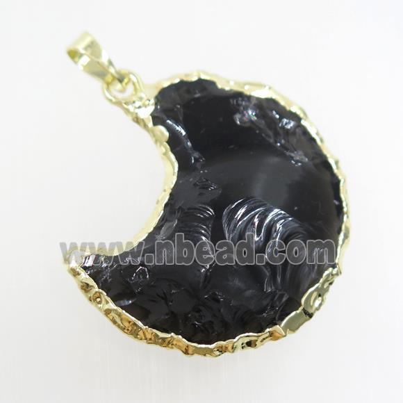 hammered black Obsidian crescent moon pendant, gold plated