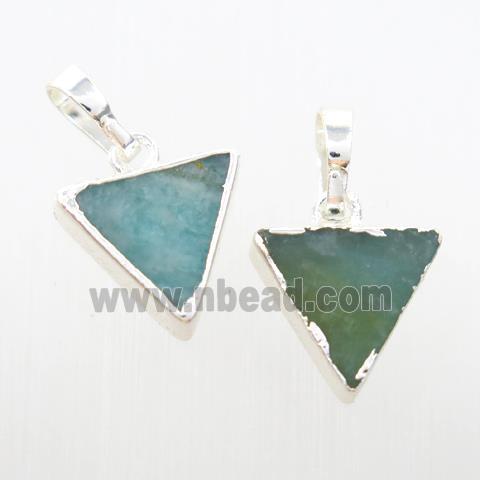 green Amazonite triangle pendant, silver plated