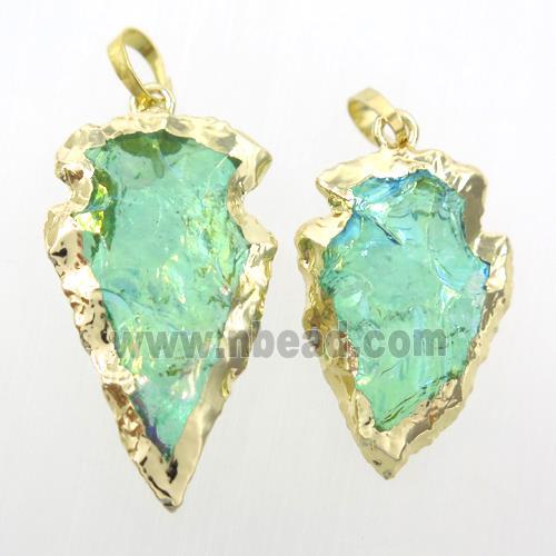 hammered clear quartz arrowhead pendant, green ab color, gold plated