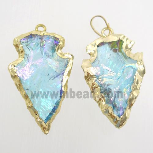 hammered clear quartz arrowhead pendant, blue ab color, gold plated