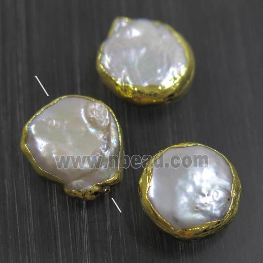 white baroque style Pearl beads, coin, gold plated
