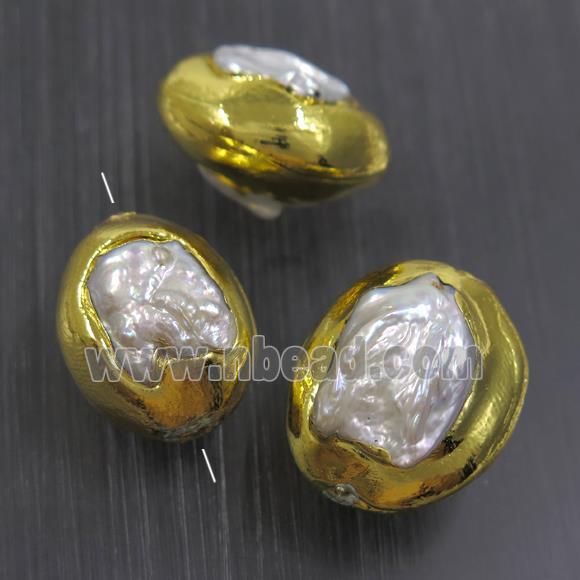 white baroque style Pearl beads, freeform, gold plated