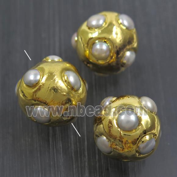 white freshwater Pearl beads, round, gold plated