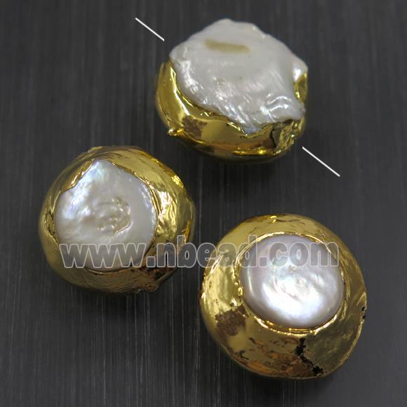 white baroque style Pearl beads, coin, gold plated