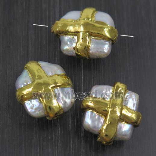 white baroque style Pearl beads, square, gold plated