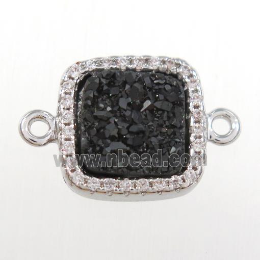 black druzy quartz square connector pave zircon, platinum plated