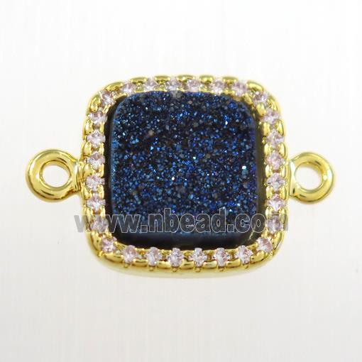blue druzy quartz square connector pave zircon, gold plated