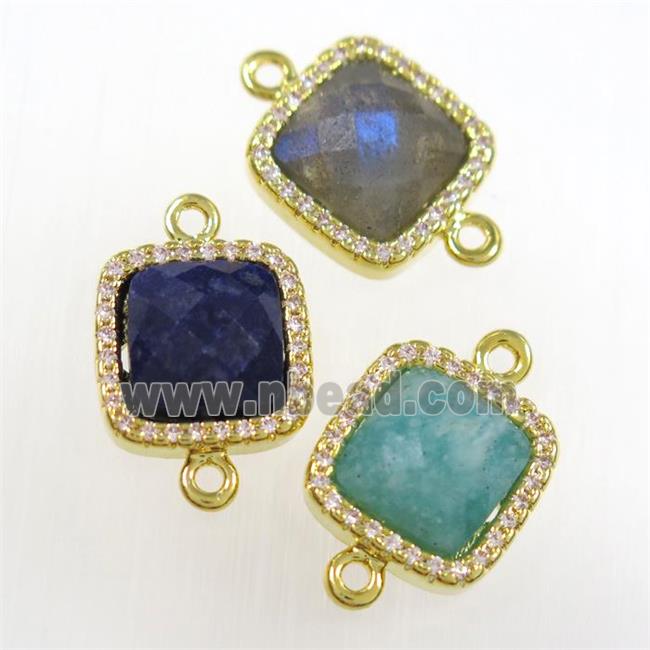 mixed gemstone square connector pave zircon, gold plated