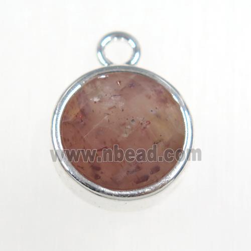 Strawberry Quartz circle pendant, platinum plated
