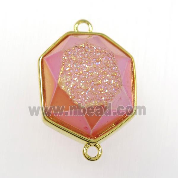 red druzy agate connector, hexagon, gold plated