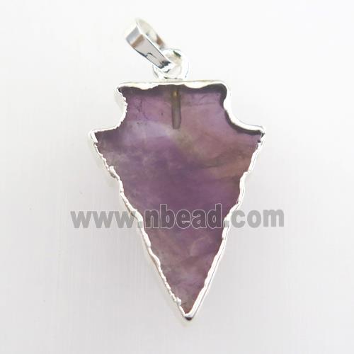 purple Amethyst pendant, arrowhead, silver plated