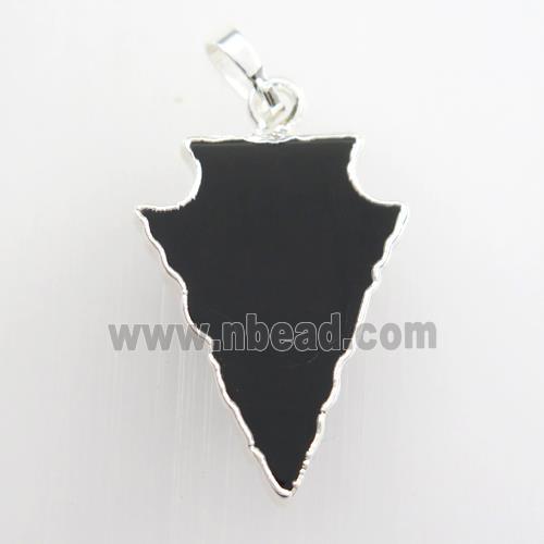 black Onyx Agate pendant, arrowhead, silver plated