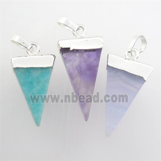 mixed gemstone pendant, triangle, silver plated