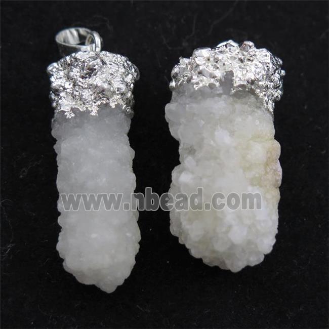 white druzy quartz pendants, silver plated