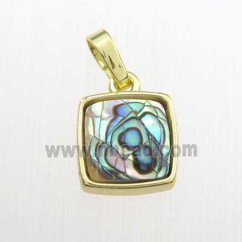 rainbow Paua Abalone shell pendant, square, gold plated