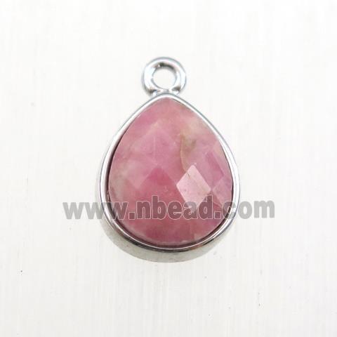 pink Rhodonite pendant, teardrop, platinum plated