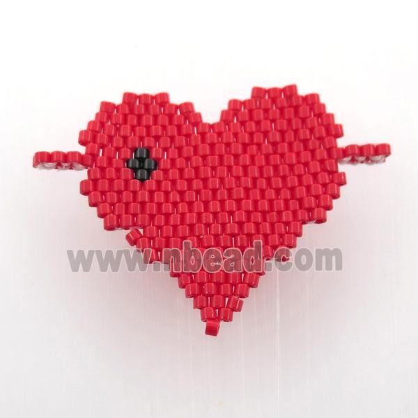Handcraft heart connector with seed glass beads, red