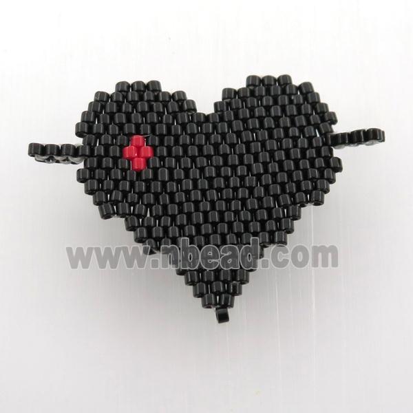 Handcraft heart connector with seed glass beads, black