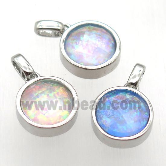 mixed color Fire Opal circle pendant, synthetic, platinum plated