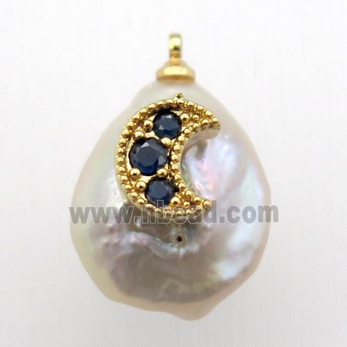 Natural pearl pendant with zircon, moon