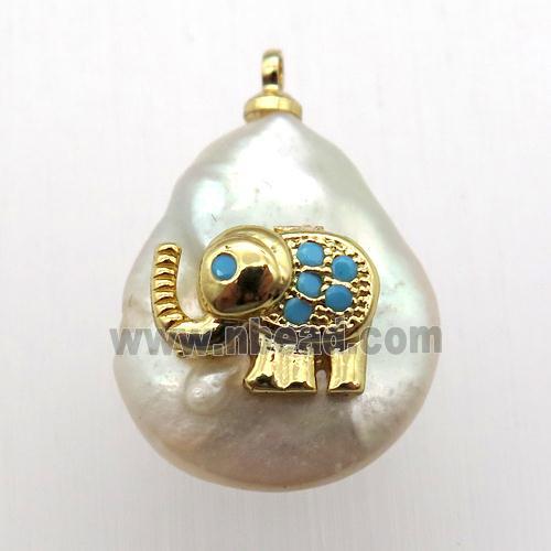Natural pearl pendant with zircon, elephant