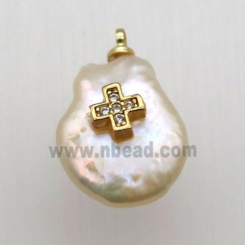 Natural pearl pendant with zircon, cross
