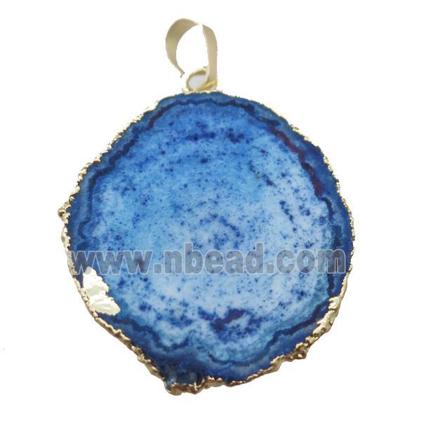blue Solar Quartz Druzy slab pendant, freeform, gold plated