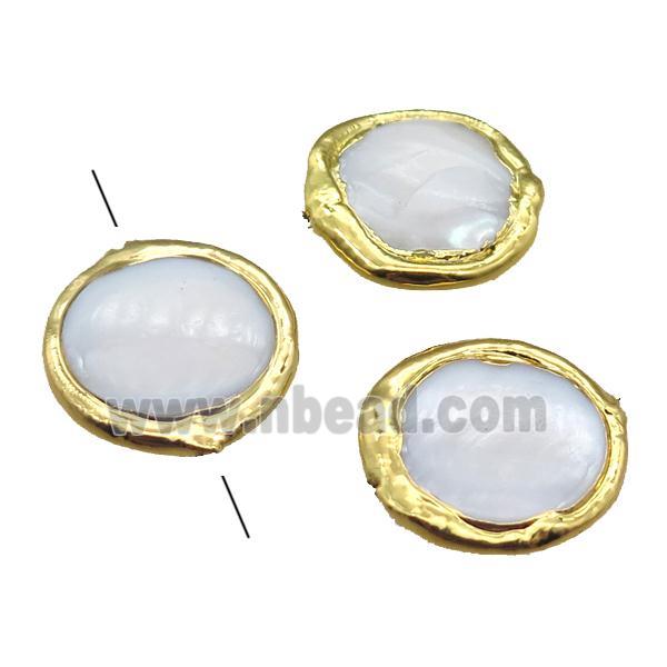 Mother of Pearl beads, circle, gold plated