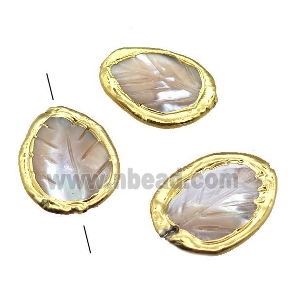 Mother of Pearl beads, leaf, gold plated
