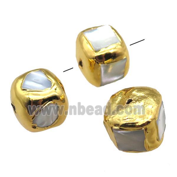 Mother of Pearl beads, cube, gold plated