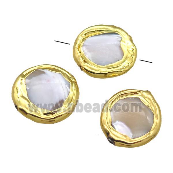 Mother of Pearl beads, circle, gold plated