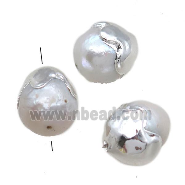 natural pearl beads, round, silver plated