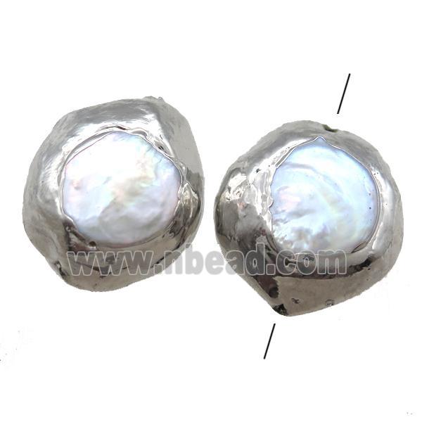 natural pearl beads, button, silver plated