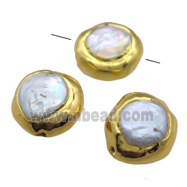 natural pearl beads, button, gold plated