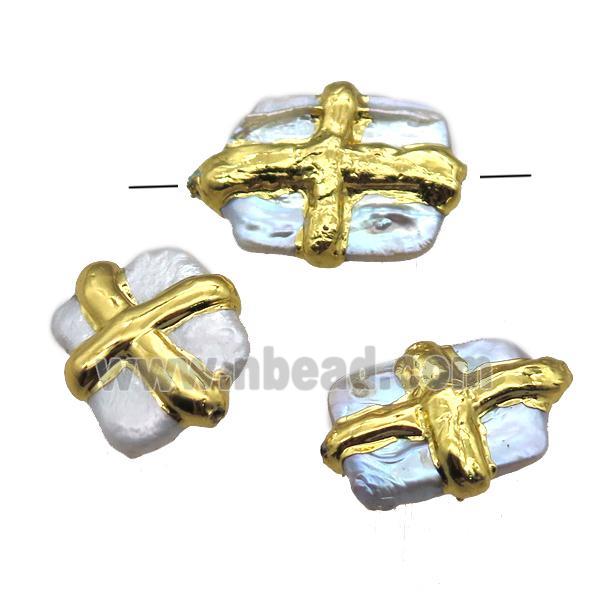 natural pearl beads, slab, gold plated