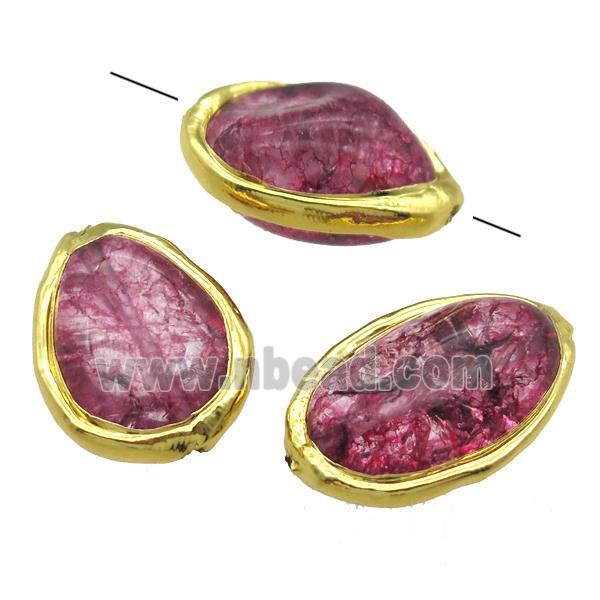 pink synthetic Quartz Beads, freeform, gold plated