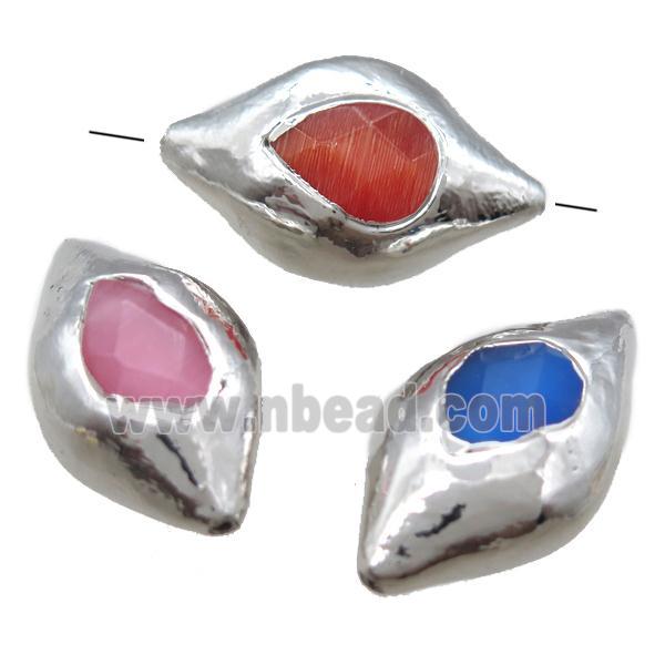Cats eye stone barrel beads, mixed, silver plated