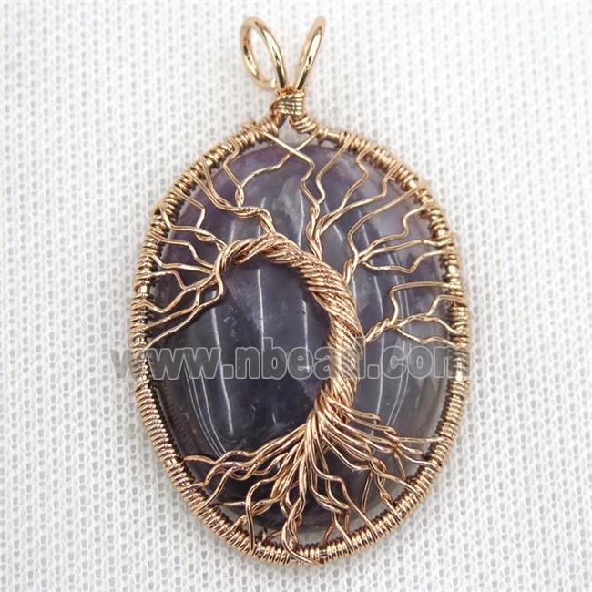 Purple Amethyst Oval Pendant Tree Of Life Wire Wrapped Rose Gold