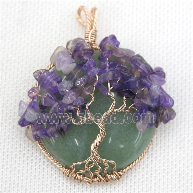 Green Aventurine Coin Pendant With Amethyst Chips Tree Of Life Wire Wrapped Rose Gold