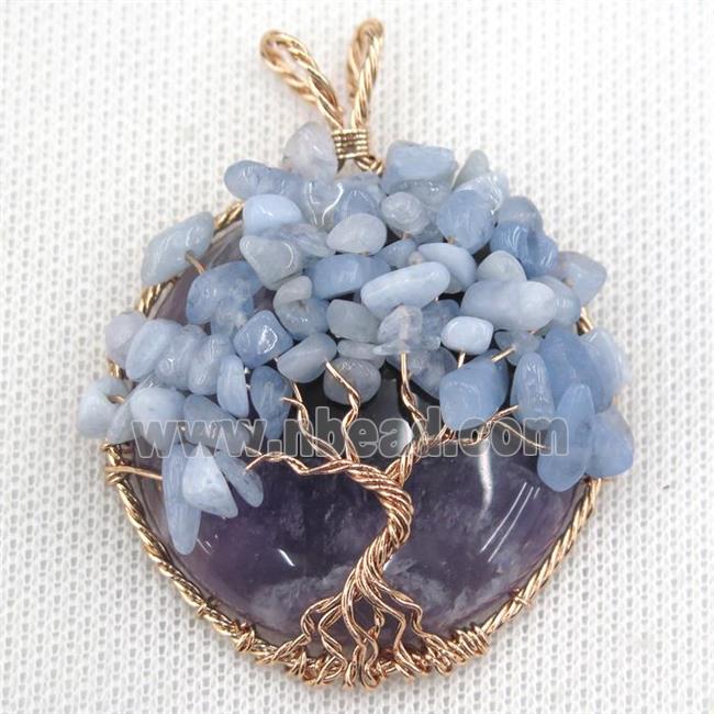 Amethyst Coin Pendant With Aquamarine Chips Tree Of Life Wire Wrapped Rose Gold
