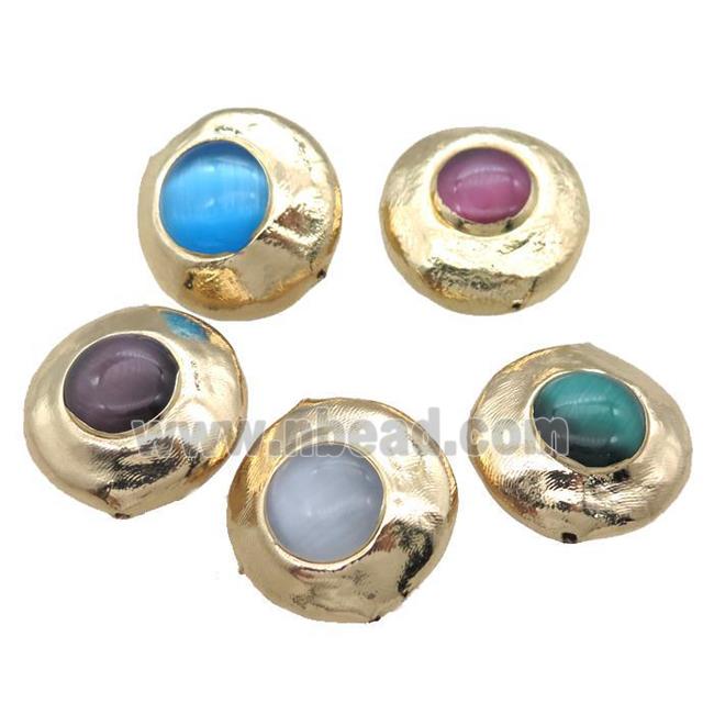 cats eye beads, coin round, gold plated