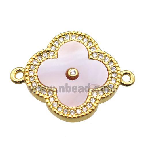 pink Queen shell clover connector with copper pave zircon, gold plated