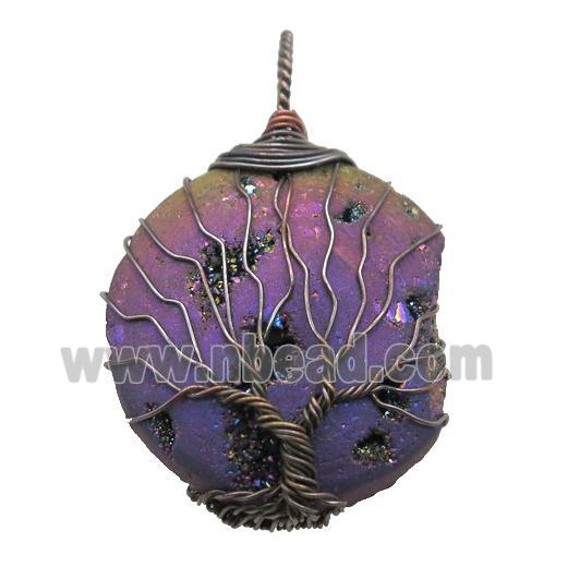 rainbow electroplated Agate Druzy circle pendant wire warpped tree of life