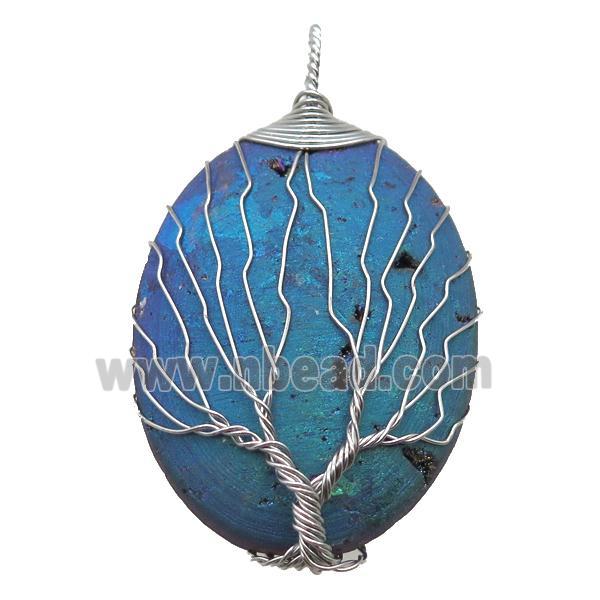 green electroplated Agate Druzy oval pendant wire warpped tree of life