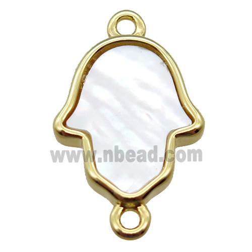white Pearlized Shell hamsahand connector, gold plated