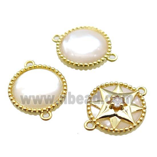 white Pearlized Shell coin round connector, gold plated