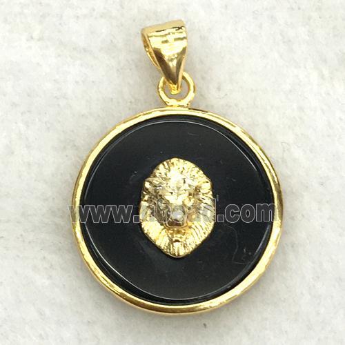 black onyx agate circle pendant with lionhead