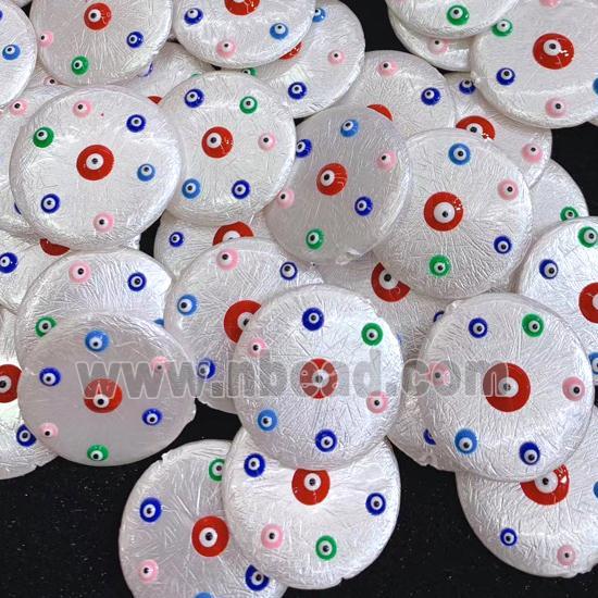 white pearlized shell circle coin beads pave evil eye