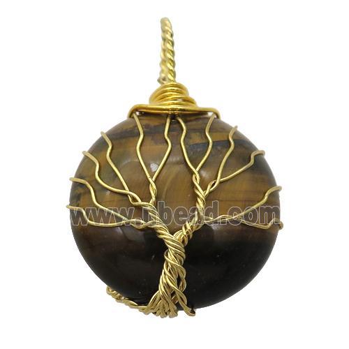 Tiger eye stone pendant with wire wrapped, tree of life, gold plated