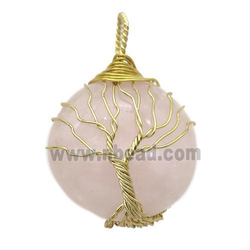 Rose Quartz pendant with wire wrapped, tree of life, gold plated